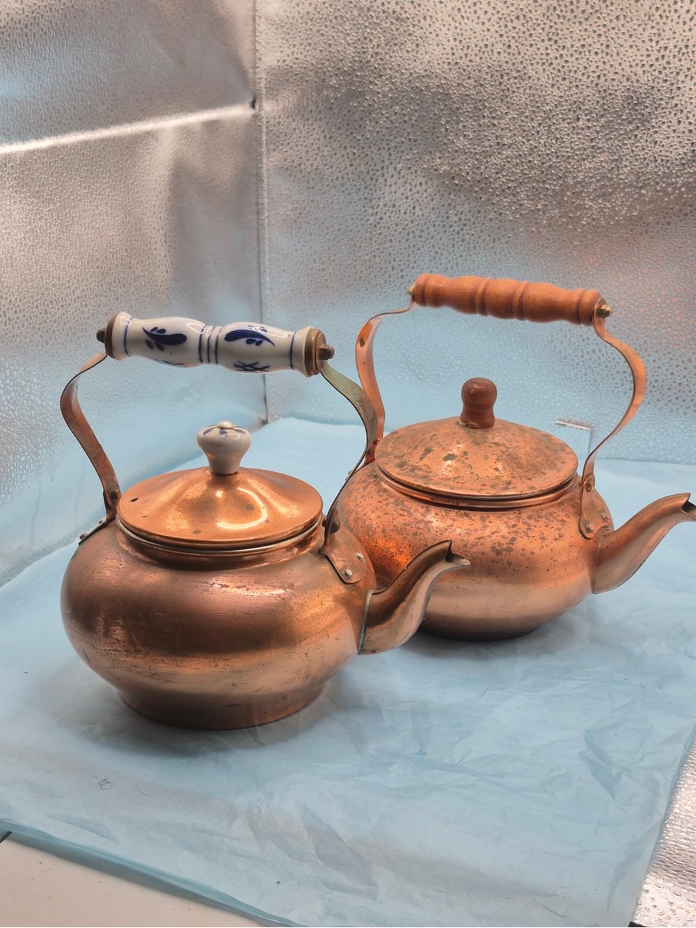 Antique Copper Tea Kettle Pot Lot 2 - with Porcelain Delft Style & Wood Handle